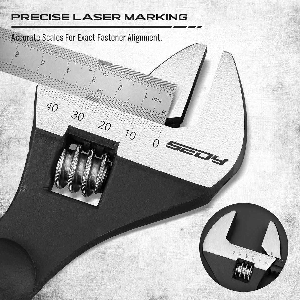 HORUSDY 3-Piece Adjustable Spud Wrench Set with 10", 12", 16" sizes, SAE & Metric scale markings, made from CR-V steel with a black oxide finish for enhanced durability.