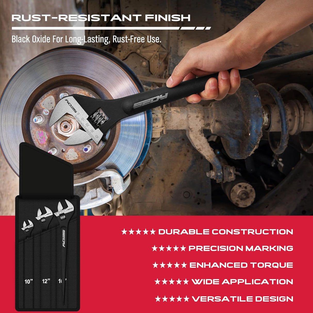 HORUSDY 3-Piece Adjustable Spud Wrench Set with 10", 12", 16" sizes, SAE & Metric scale markings, made from CR-V steel with a black oxide finish for enhanced durability.