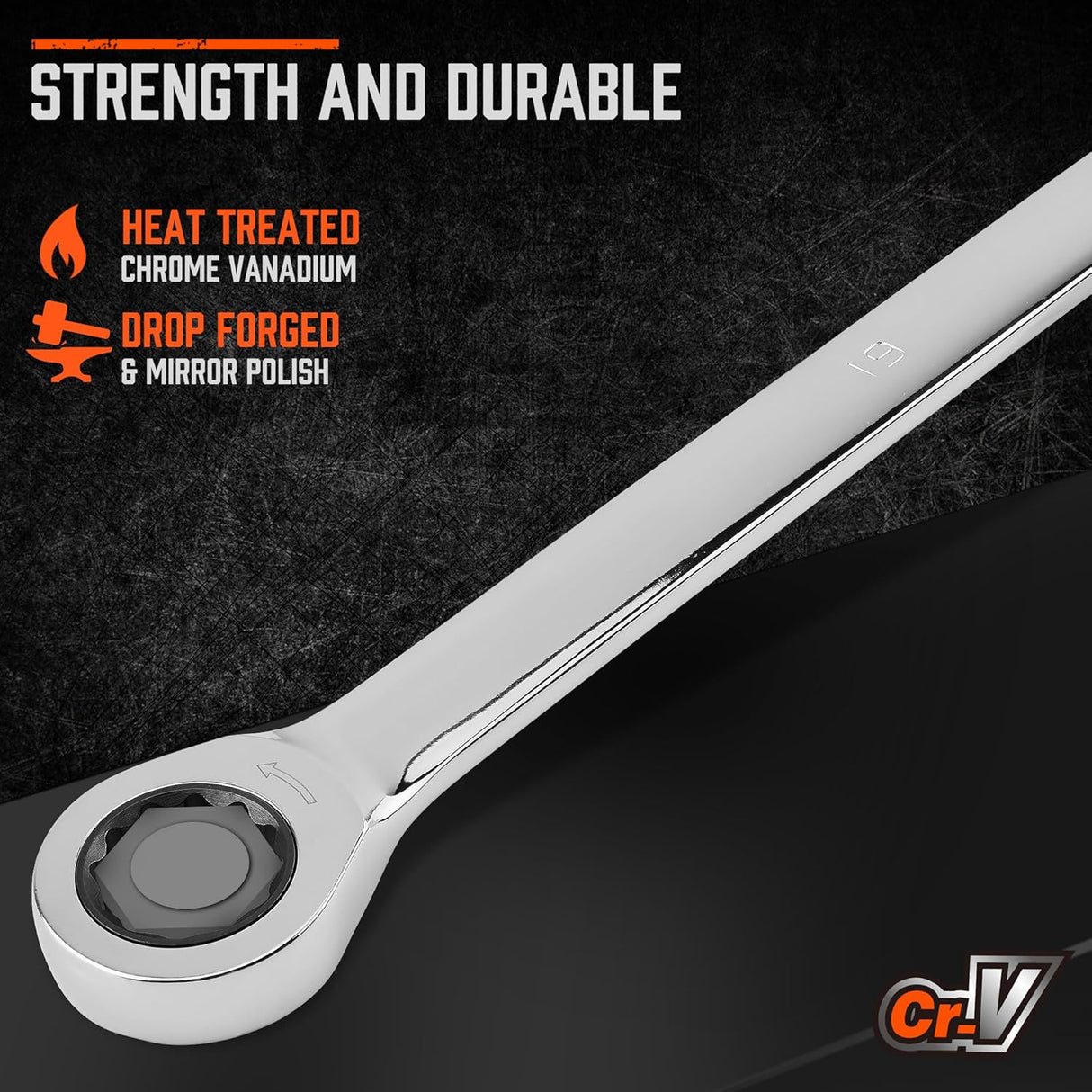 HORUSDY 9-piece extra long metric ratcheting wrench set with 72-tooth gear, Cr-V steel construction, mirror polish, and roll-up storage pouch