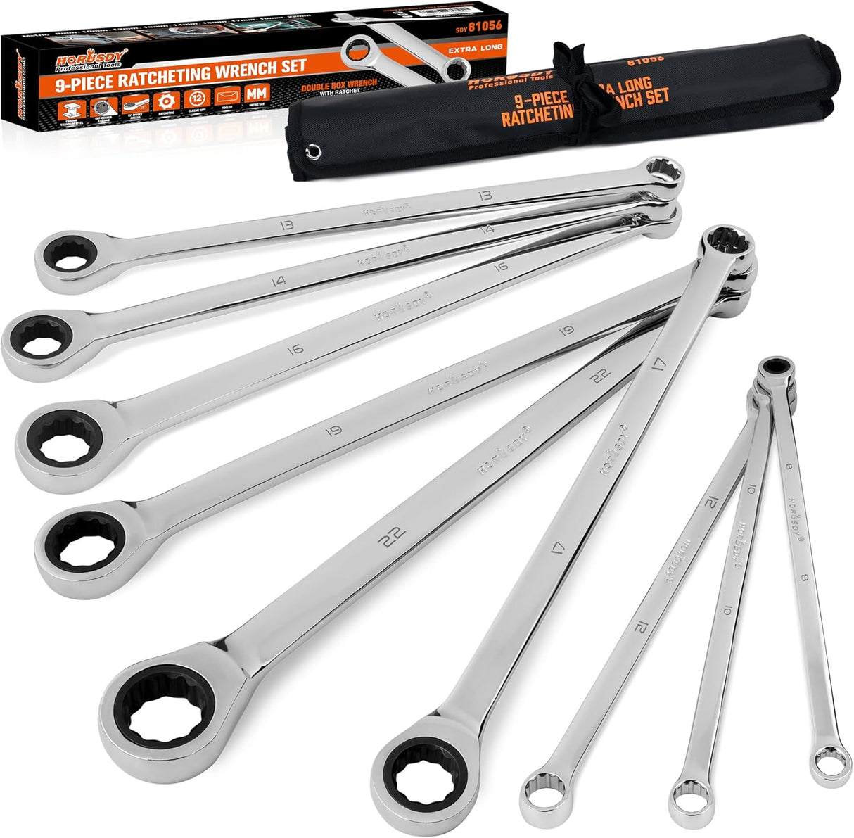 HORUSDY 9-piece extra long metric ratcheting wrench set with 72-tooth gear, Cr-V steel construction, mirror polish, and roll-up storage pouch