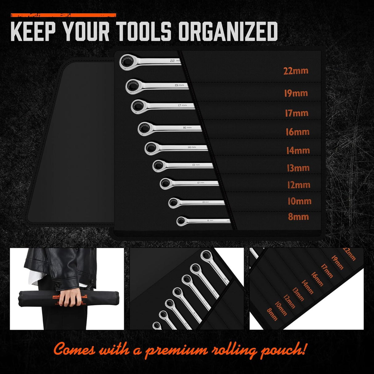 HORUSDY 9-piece extra long metric ratcheting wrench set with 72-tooth gear, Cr-V steel construction, mirror polish, and roll-up storage pouch