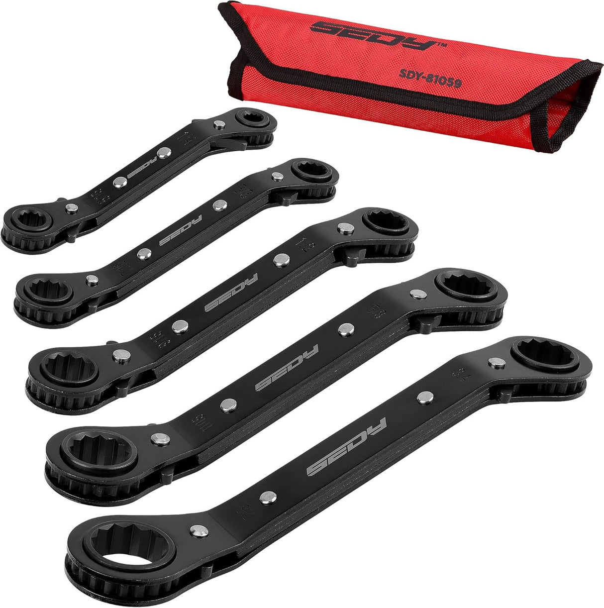 SEDY 5-piece SAE ratcheting box wrench set with reversible offset heads and stubby handles for tight spaces