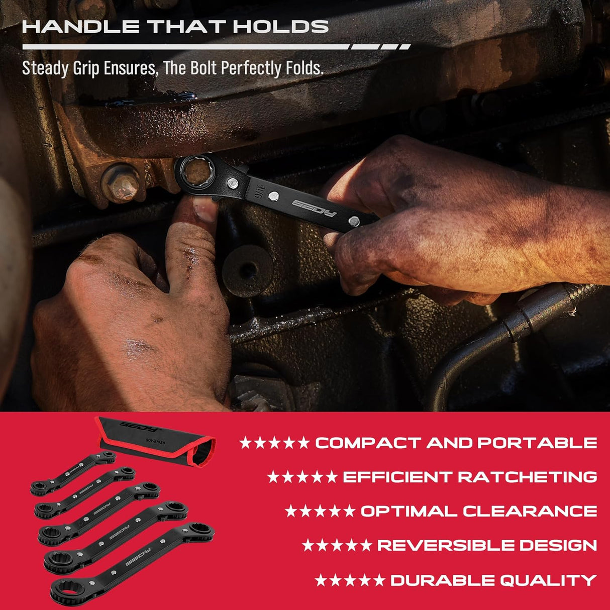 SEDY 5-piece SAE ratcheting box wrench set with reversible offset heads and stubby handles for tight spaces