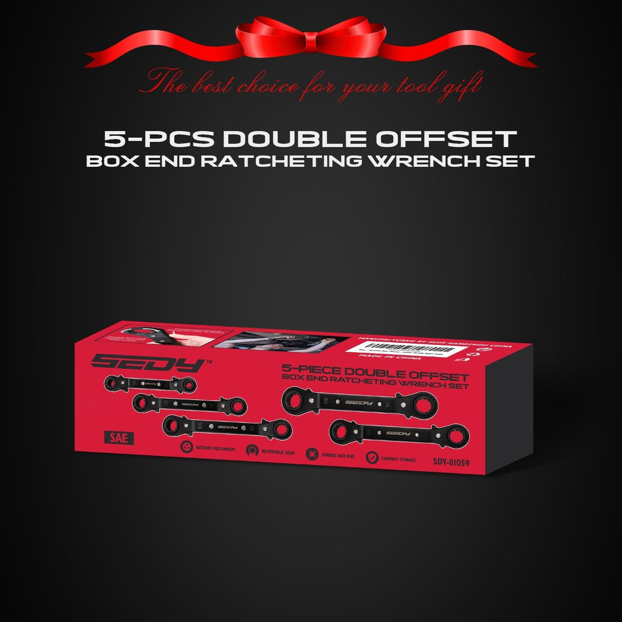 SEDY 5-piece SAE ratcheting box wrench set with reversible offset heads and stubby handles for tight spaces