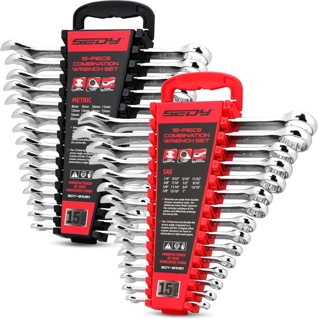30-piece SAE and Metric combination wrench set with 12-point box ends and polished finish, includes organizer rack for easy storage and transport