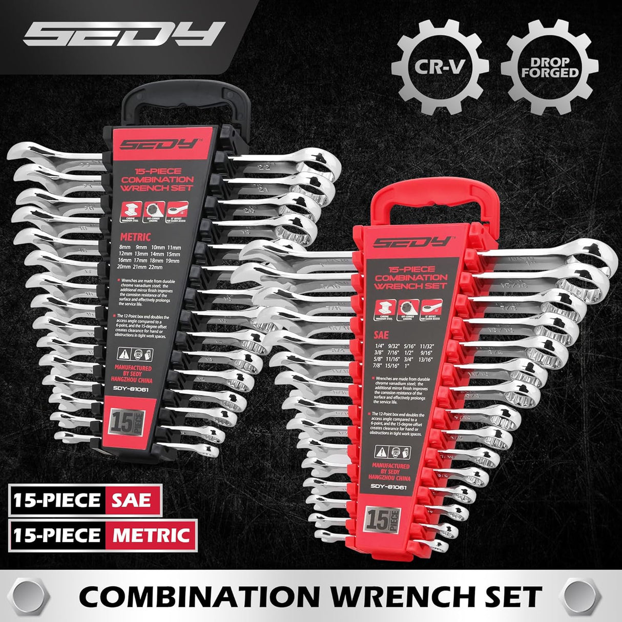 30-piece SAE and Metric combination wrench set with 12-point box ends and polished finish, includes organizer rack for easy storage and transport