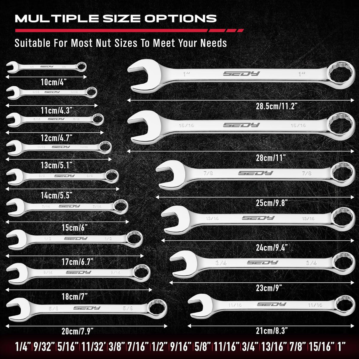 30-piece SAE and Metric combination wrench set with 12-point box ends and polished finish, includes organizer rack for easy storage and transport