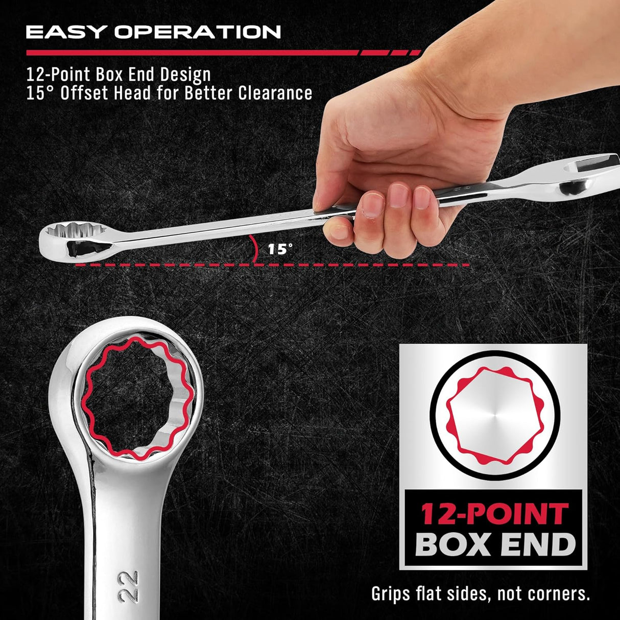 30-piece SAE and Metric combination wrench set with 12-point box ends and polished finish, includes organizer rack for easy storage and transport