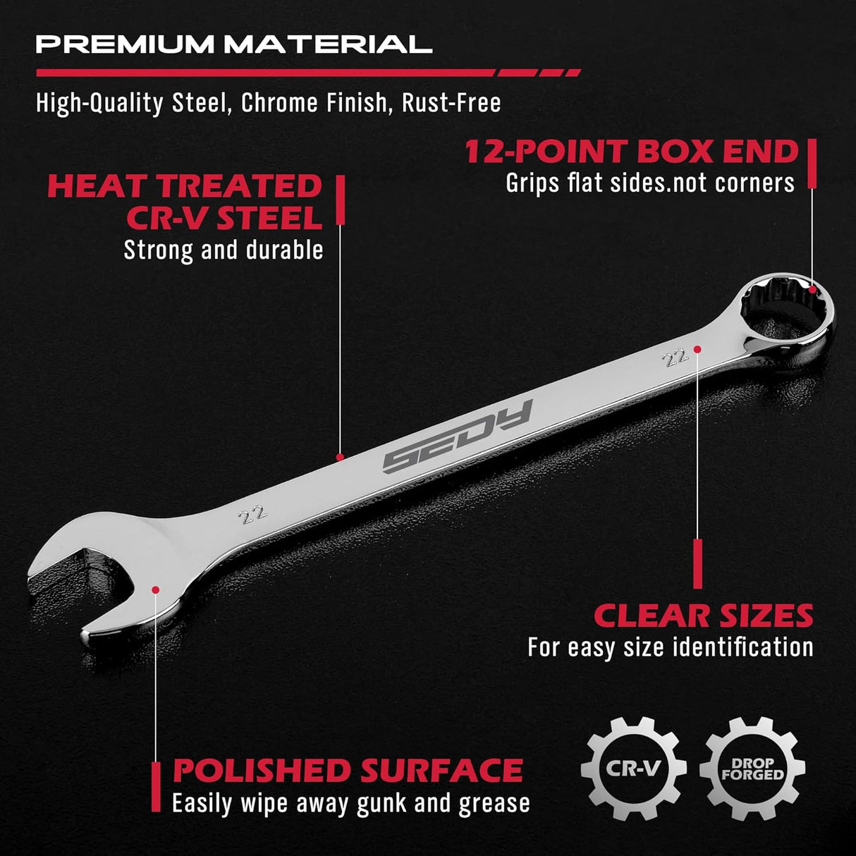 30-piece SAE and Metric combination wrench set with 12-point box ends and polished finish, includes organizer rack for easy storage and transport