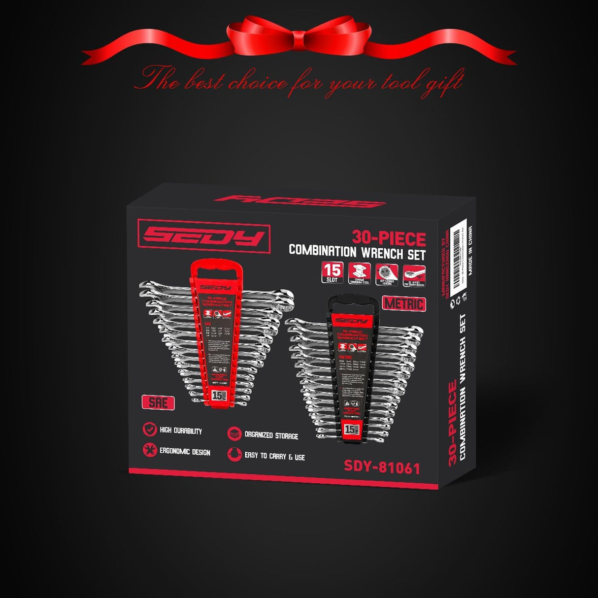 30-piece SAE and Metric combination wrench set with 12-point box ends and polished finish, includes organizer rack for easy storage and transport