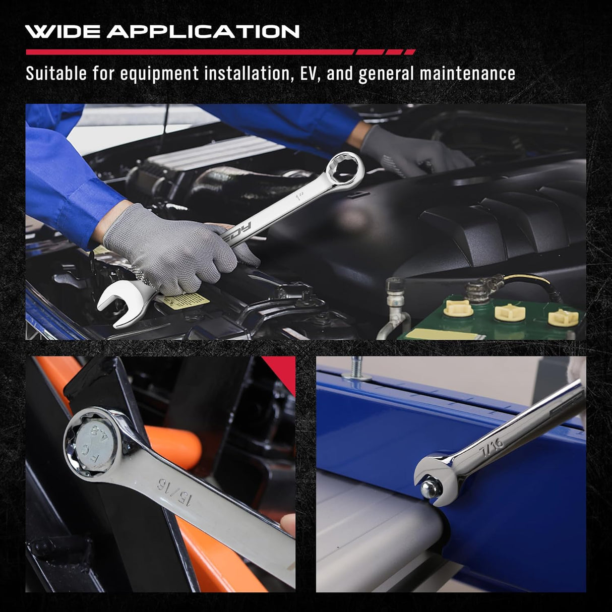 30-piece SAE and Metric combination wrench set with 12-point box ends and polished finish, includes organizer rack for easy storage and transport