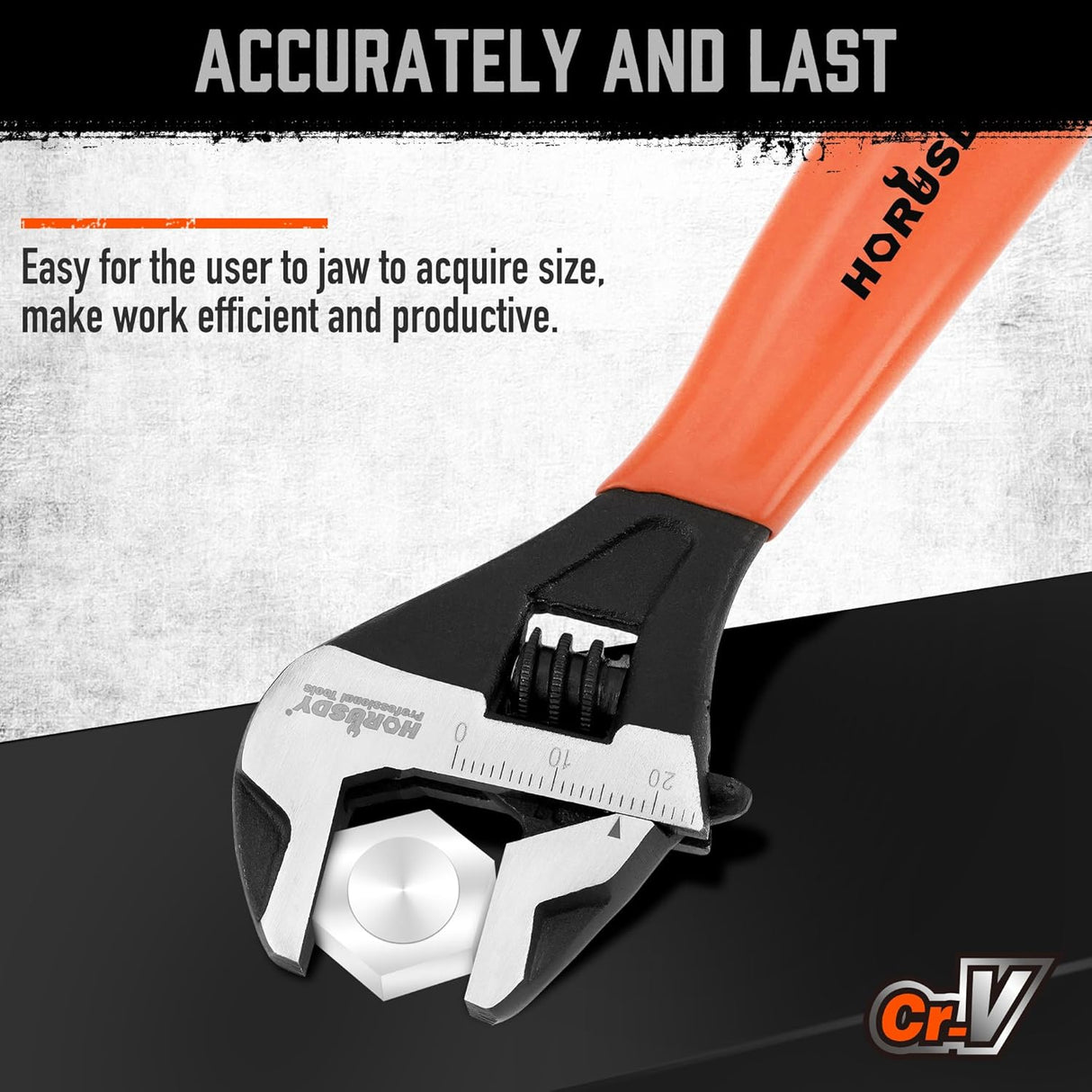 HORUSDY 6-inch adjustable wrench with metric and SAE scale, wide jaw opening, ergonomic handle, and durable Cr-V steel body
