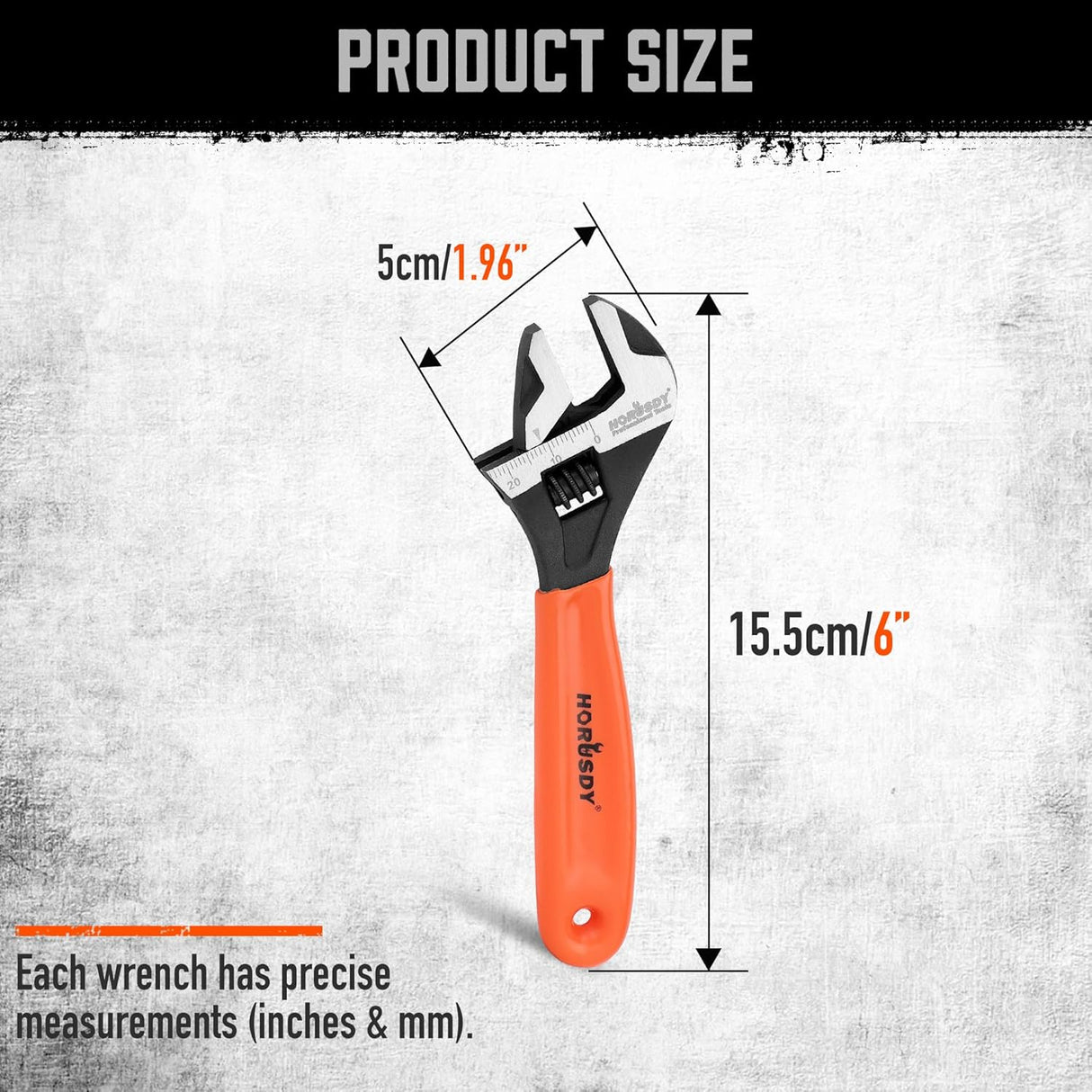 HORUSDY 6-inch adjustable wrench with metric and SAE scale, wide jaw opening, ergonomic handle, and durable Cr-V steel body