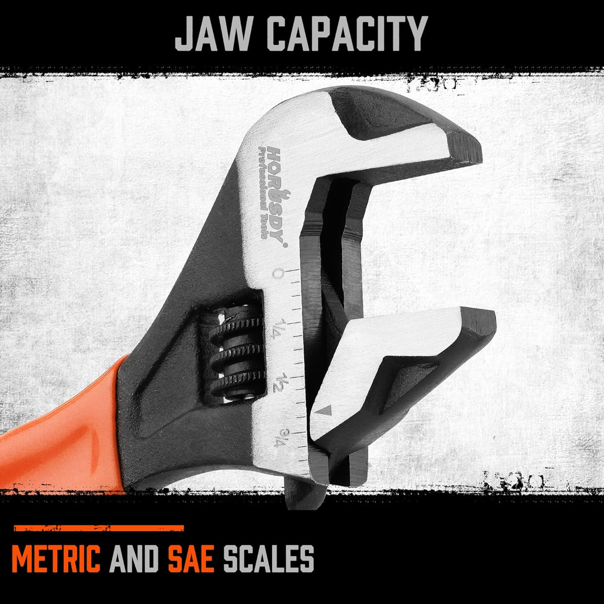 HORUSDY 6-inch adjustable wrench with metric and SAE scale, wide jaw opening, ergonomic handle, and durable Cr-V steel body