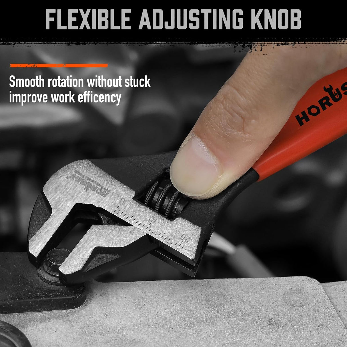 HORUSDY 6-inch adjustable wrench with metric and SAE scale, wide jaw opening, ergonomic handle, and durable Cr-V steel body