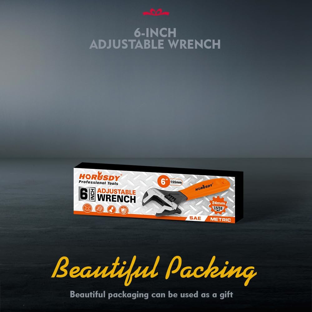 HORUSDY 6-inch adjustable wrench with metric and SAE scale, wide jaw opening, ergonomic handle, and durable Cr-V steel body