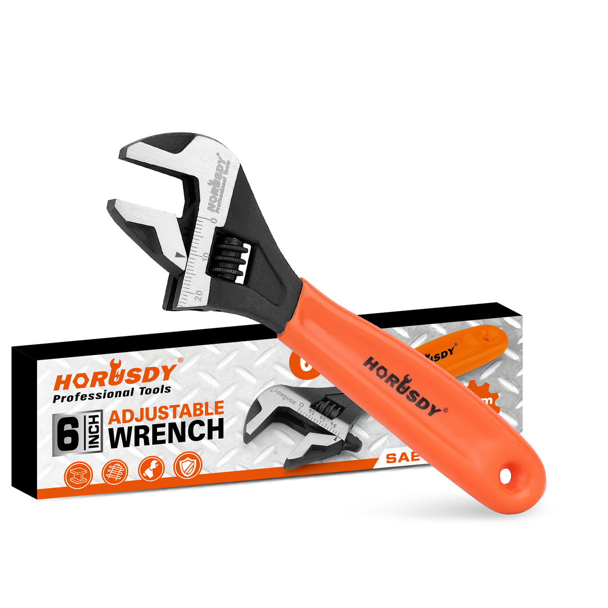 HORUSDY 6-inch adjustable wrench with metric and SAE scale, wide jaw opening, ergonomic handle, and durable Cr-V steel body