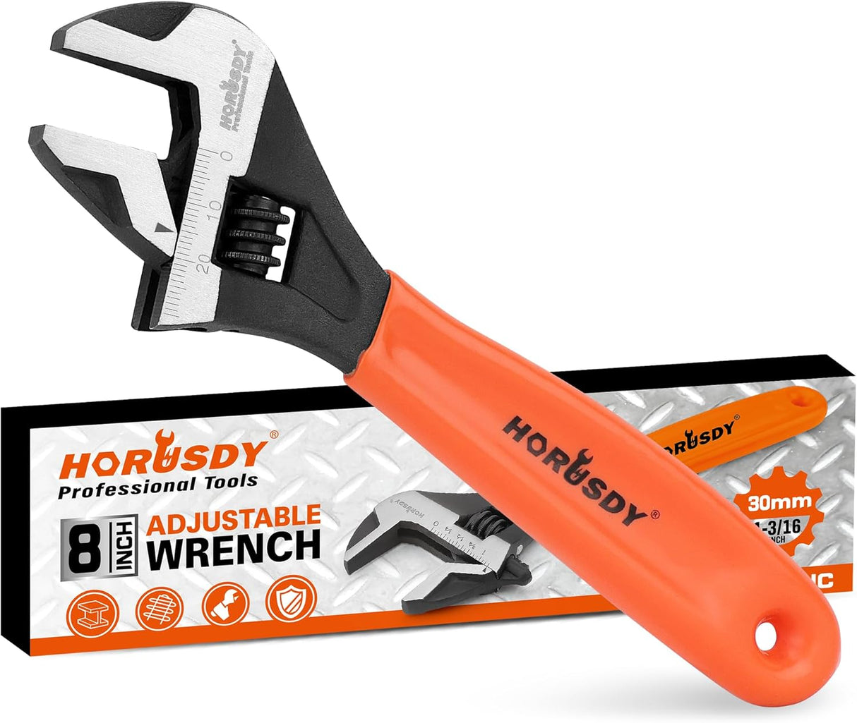 HORUSDY 8-inch adjustable wrench with ergonomic handle, wide jaw, and SAE/Metric scale for automotive and DIY use