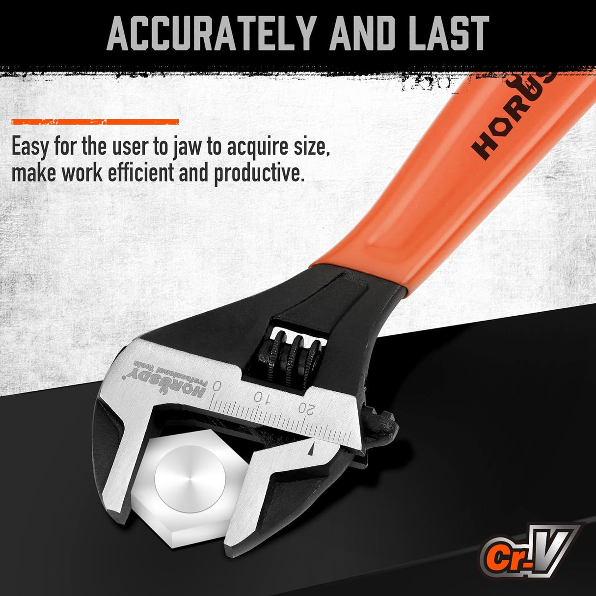 HORUSDY 8-inch adjustable wrench with ergonomic handle, wide jaw, and SAE/Metric scale for automotive and DIY use