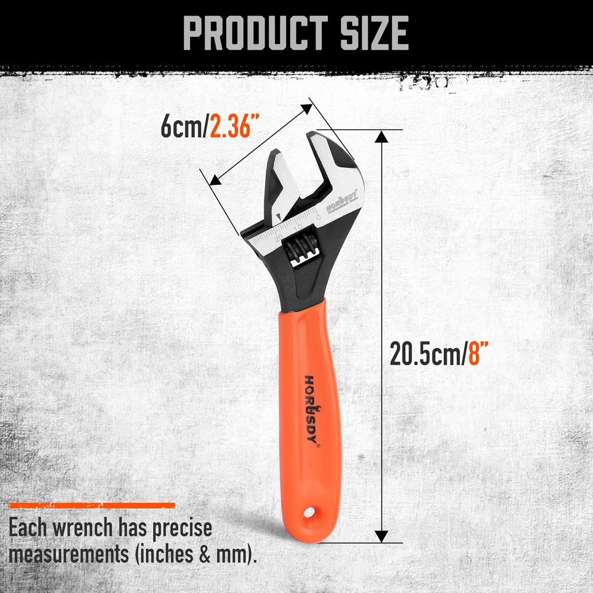 HORUSDY 8-inch adjustable wrench with ergonomic handle, wide jaw, and SAE/Metric scale for automotive and DIY use