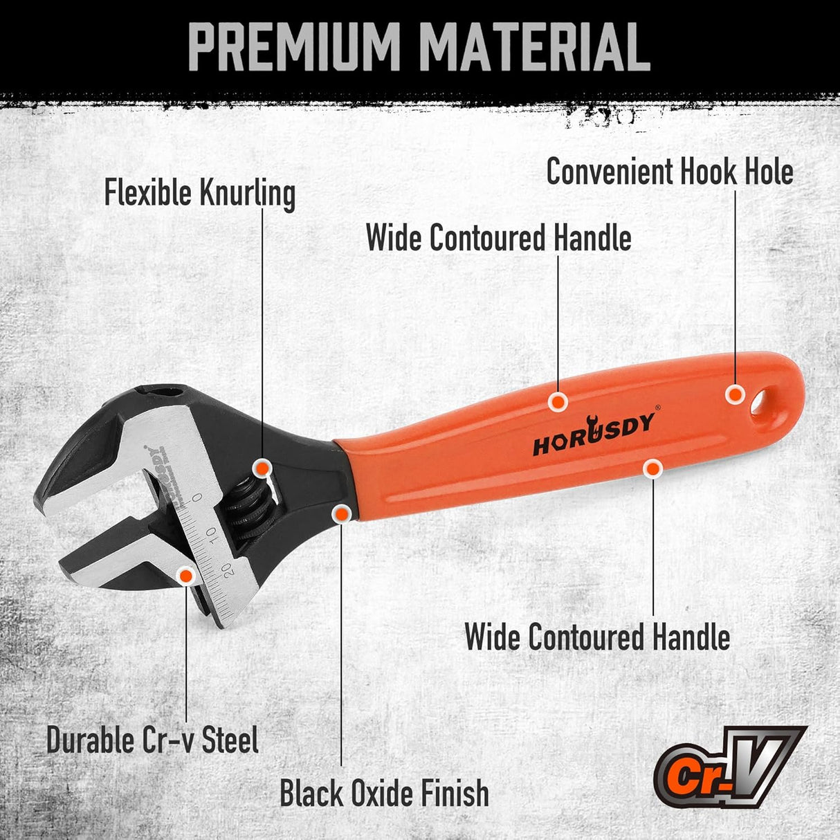 HORUSDY 8-inch adjustable wrench with ergonomic handle, wide jaw, and SAE/Metric scale for automotive and DIY use