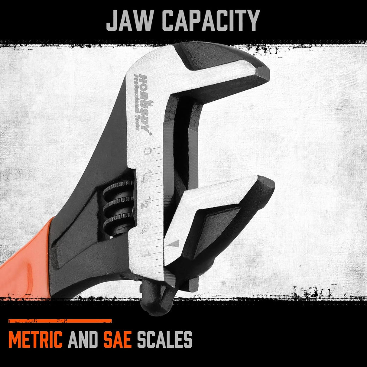 HORUSDY 8-inch adjustable wrench with ergonomic handle, wide jaw, and SAE/Metric scale for automotive and DIY use