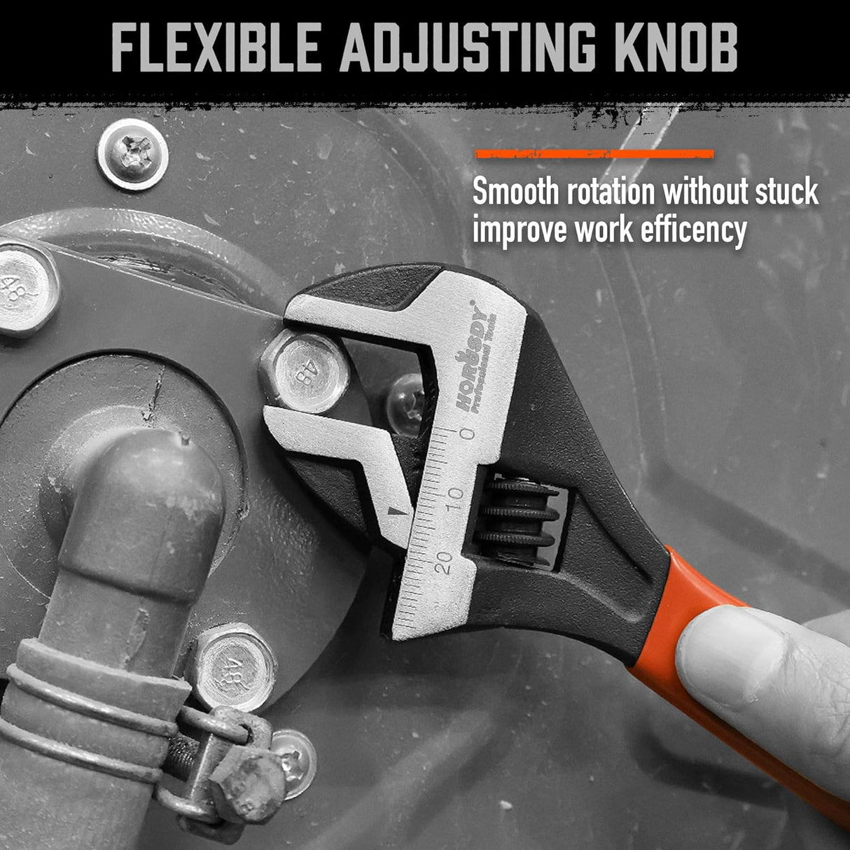 HORUSDY 8-inch adjustable wrench with ergonomic handle, wide jaw, and SAE/Metric scale for automotive and DIY use