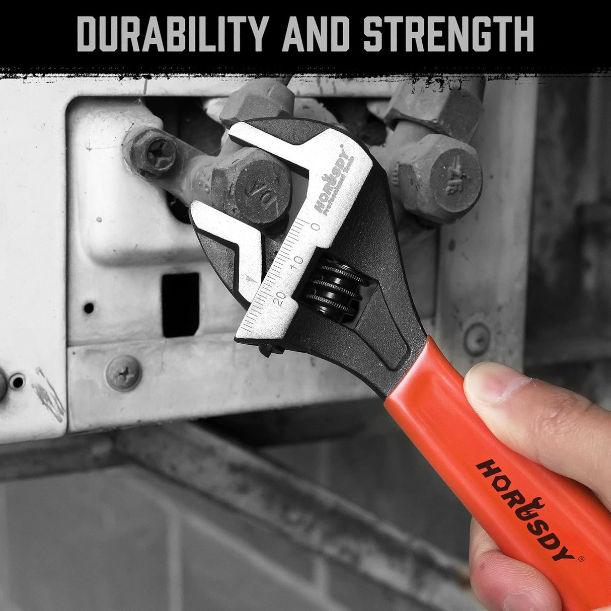 HORUSDY 8-inch adjustable wrench with ergonomic handle, wide jaw, and SAE/Metric scale for automotive and DIY use