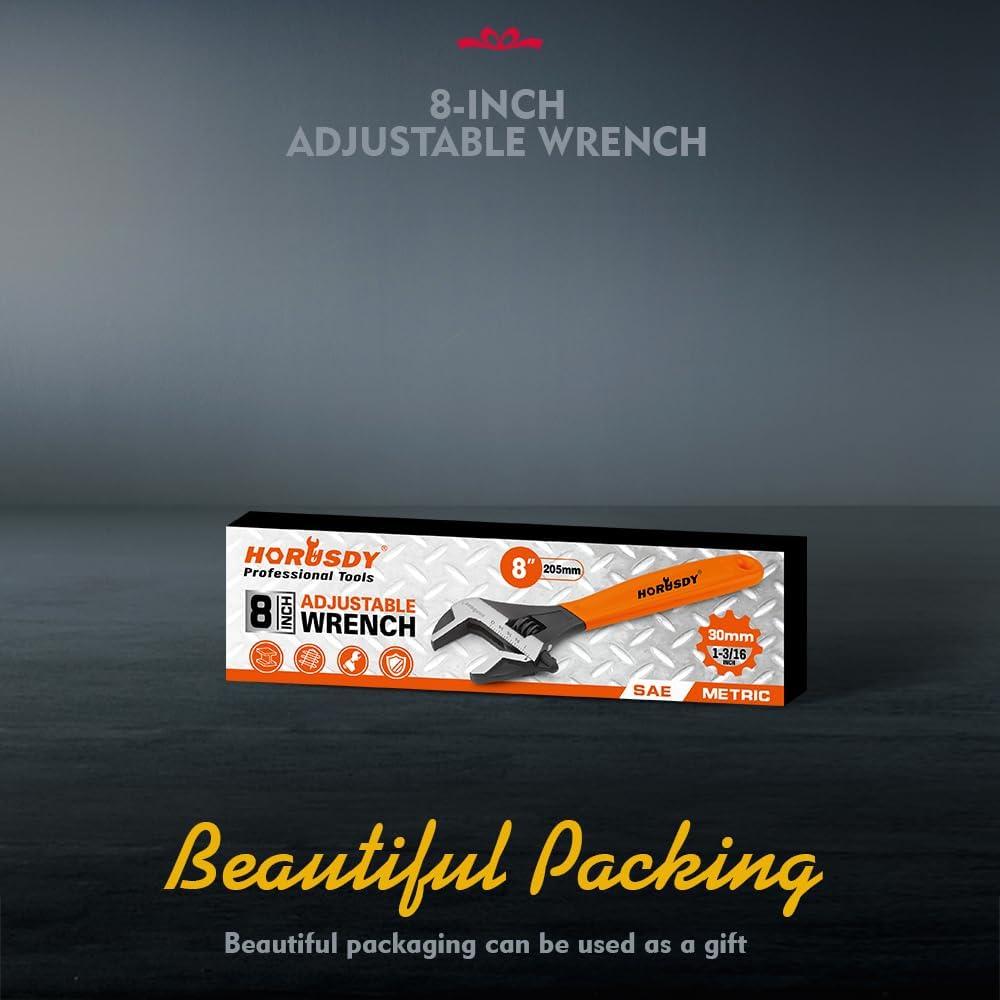 HORUSDY 8-inch adjustable wrench with ergonomic handle, wide jaw, and SAE/Metric scale for automotive and DIY use