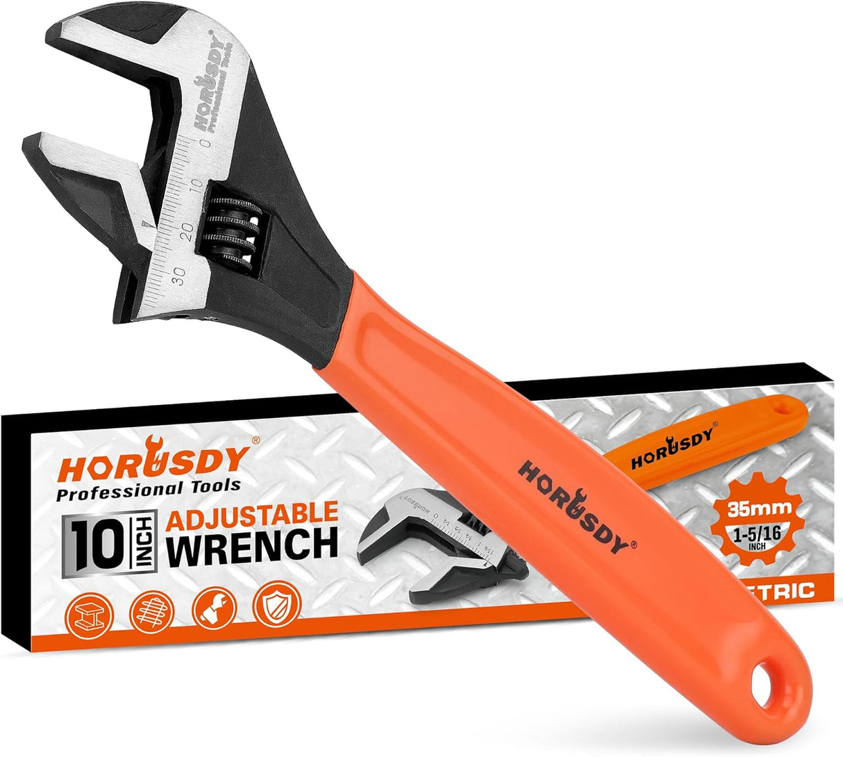 HORUSDY 10-Inch adjustable wrench with wide jaw, Cr-V steel, and ergonomic handle for mechanic use
