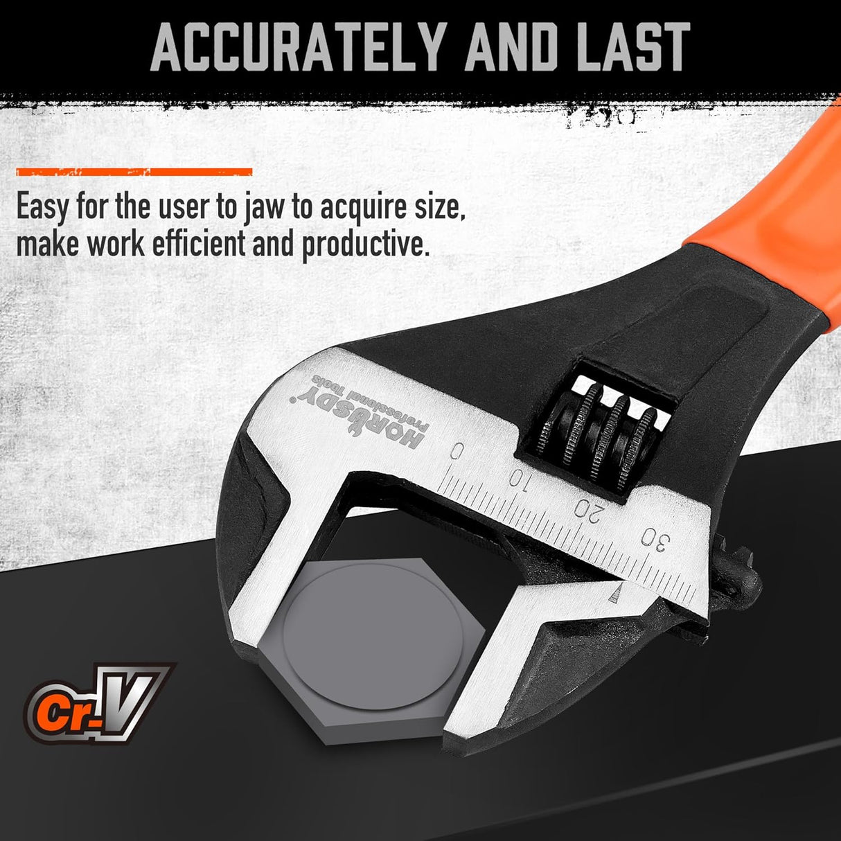 HORUSDY 10-Inch adjustable wrench with wide jaw, Cr-V steel, and ergonomic handle for mechanic use
