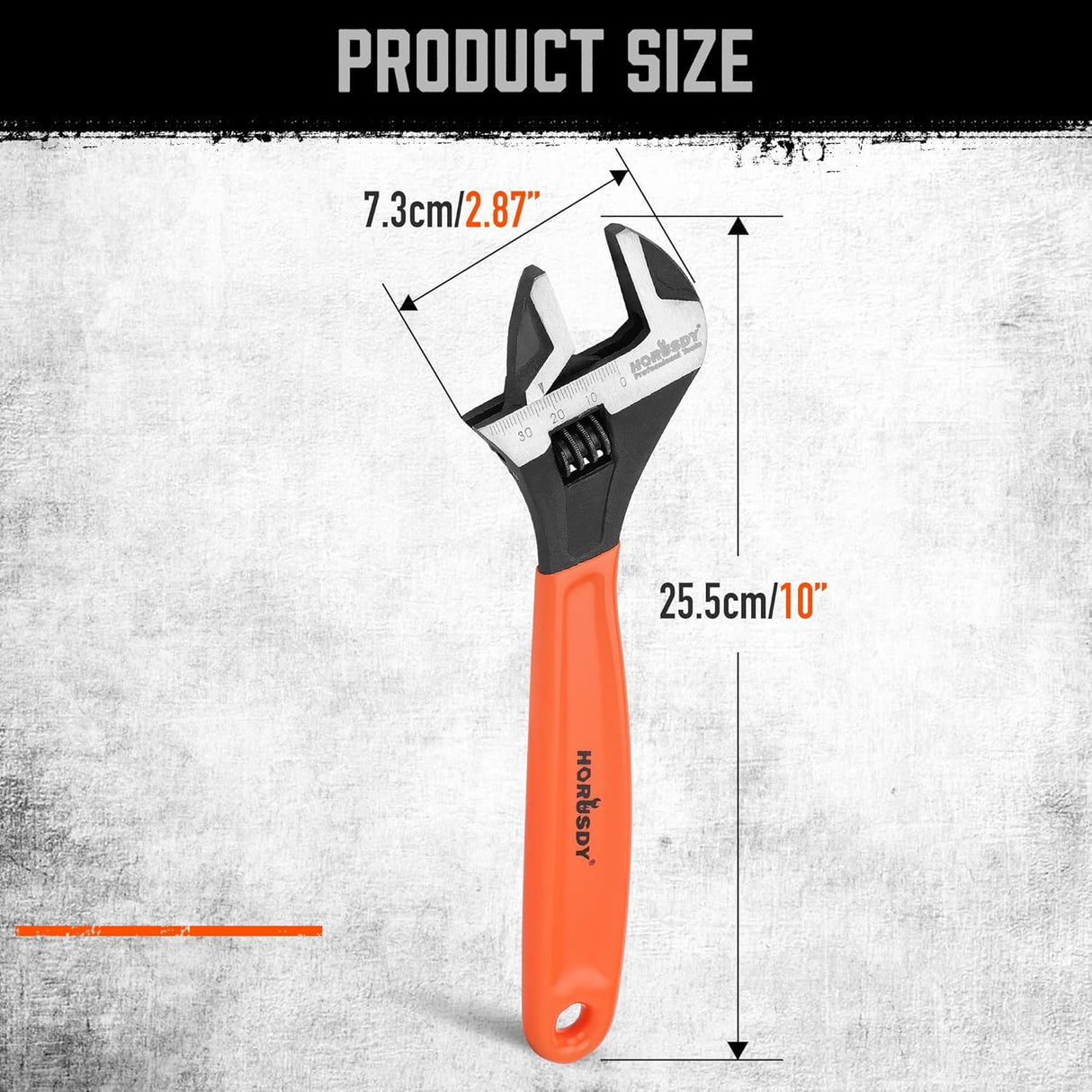 HORUSDY 10-Inch adjustable wrench with wide jaw, Cr-V steel, and ergonomic handle for mechanic use