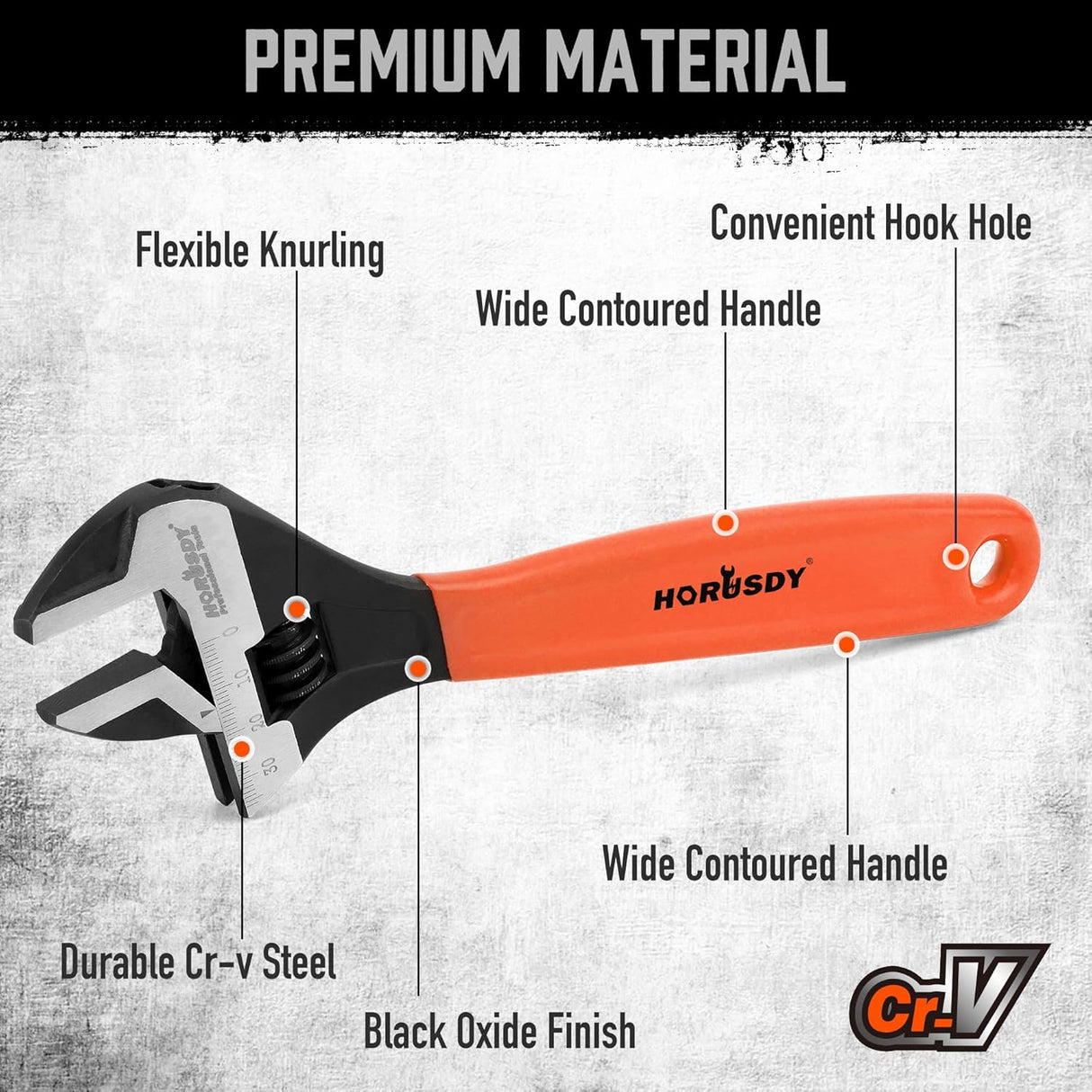 HORUSDY 10-Inch adjustable wrench with wide jaw, Cr-V steel, and ergonomic handle for mechanic use