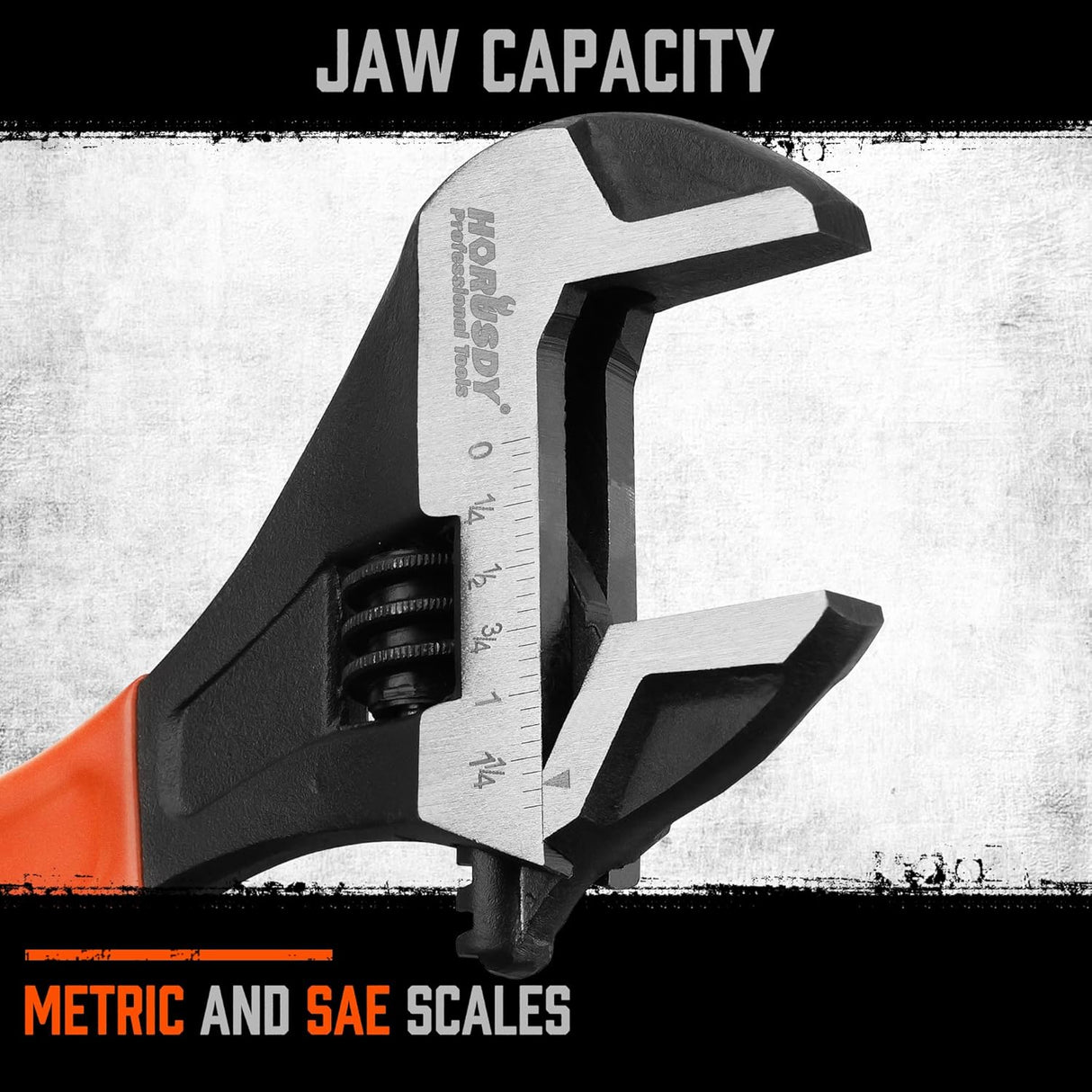 HORUSDY 10-Inch adjustable wrench with wide jaw, Cr-V steel, and ergonomic handle for mechanic use