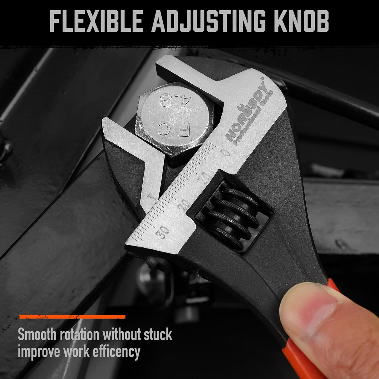 HORUSDY 10-Inch adjustable wrench with wide jaw, Cr-V steel, and ergonomic handle for mechanic use