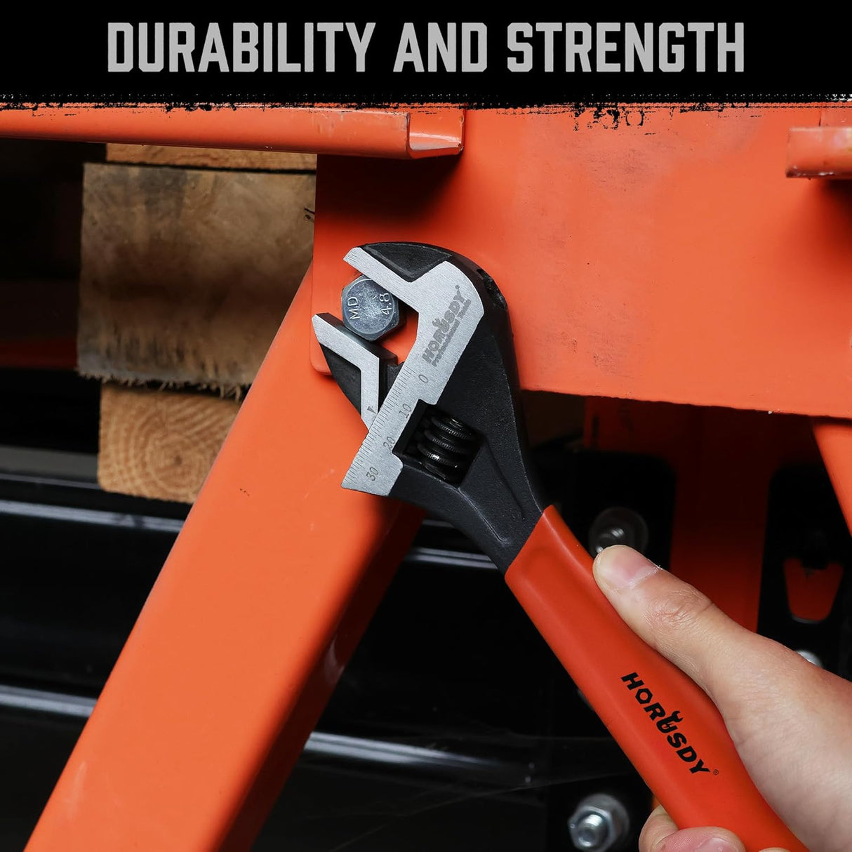 HORUSDY 10-Inch adjustable wrench with wide jaw, Cr-V steel, and ergonomic handle for mechanic use
