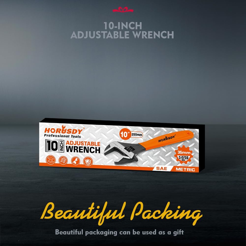 HORUSDY 10-Inch adjustable wrench with wide jaw, Cr-V steel, and ergonomic handle for mechanic use