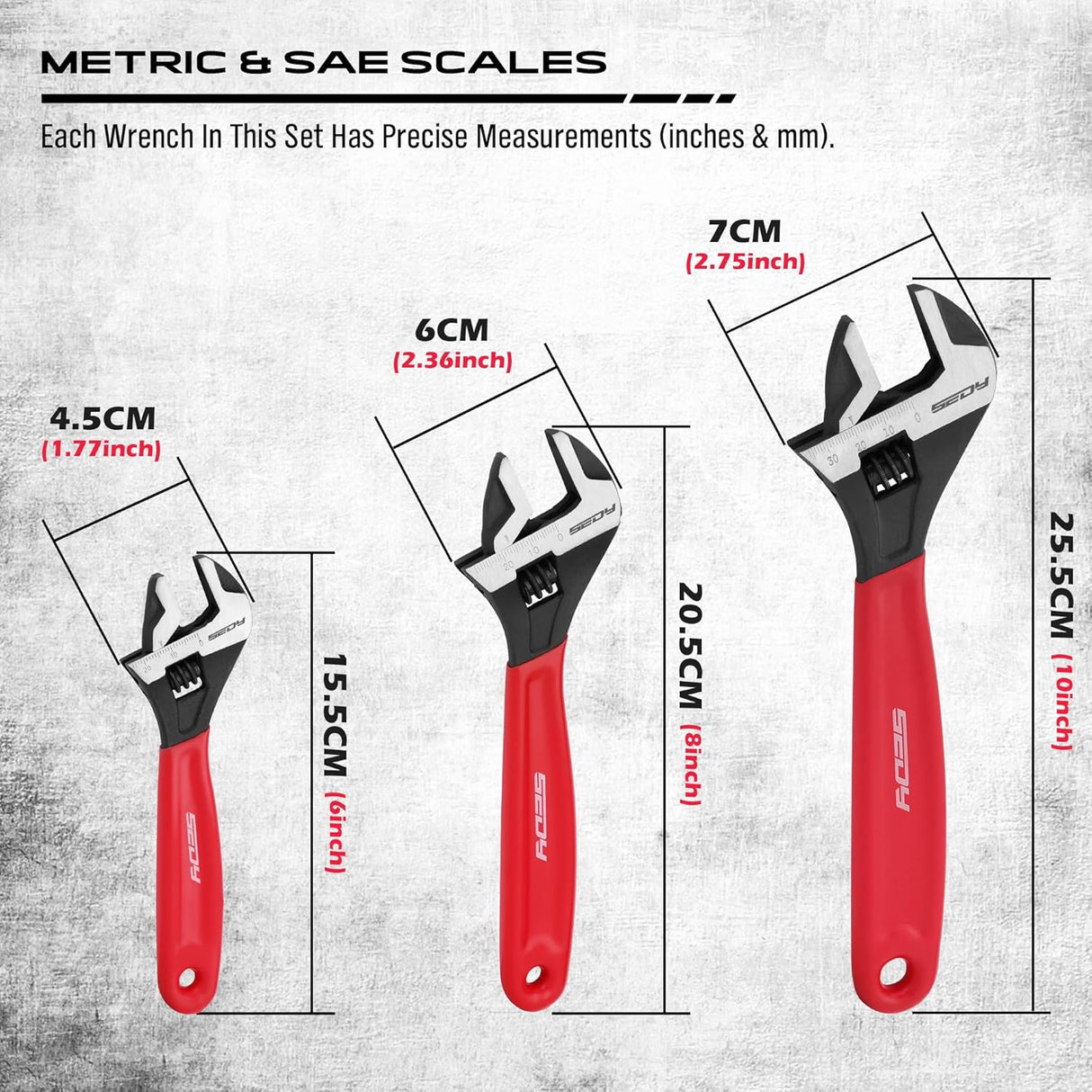 Adjustable wrench set with 6", 8", and 10" wide jaw pipe spanners, CR-V steel construction, black oxide finish, cushion grip, metric & SAE scales.