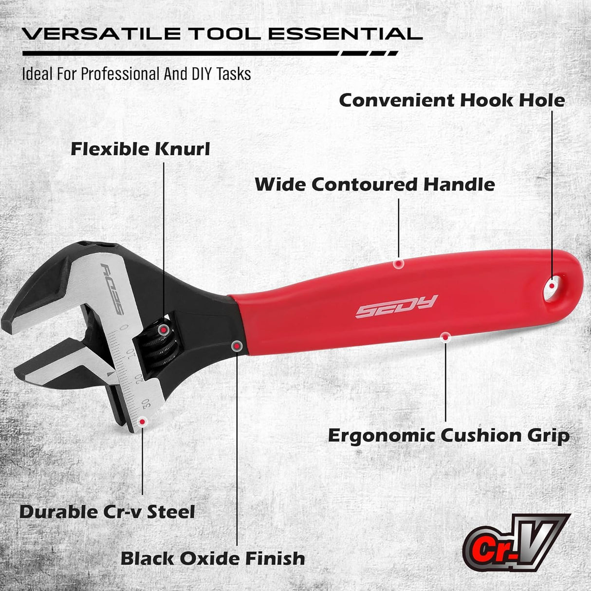 Adjustable wrench set with 6", 8", and 10" wide jaw pipe spanners, CR-V steel construction, black oxide finish, cushion grip, metric & SAE scales.
