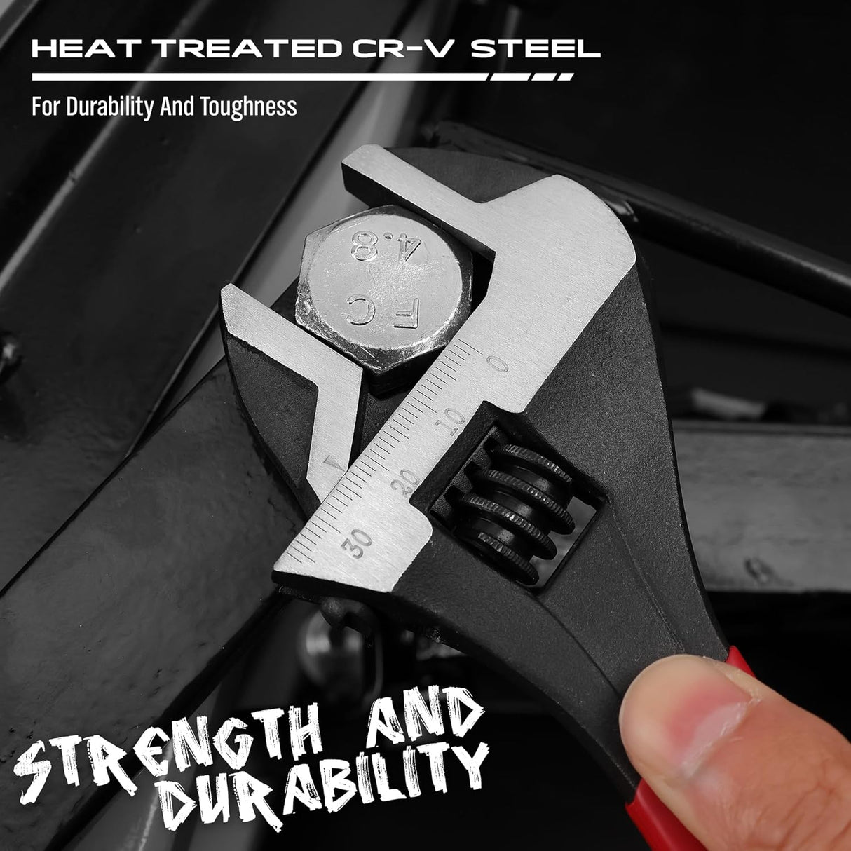 Adjustable wrench set with 6", 8", and 10" wide jaw pipe spanners, CR-V steel construction, black oxide finish, cushion grip, metric & SAE scales.