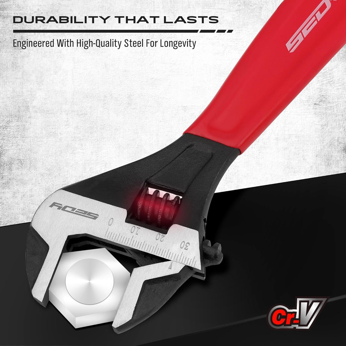 Adjustable wrench set with 6", 8", and 10" wide jaw pipe spanners, CR-V steel construction, black oxide finish, cushion grip, metric & SAE scales.