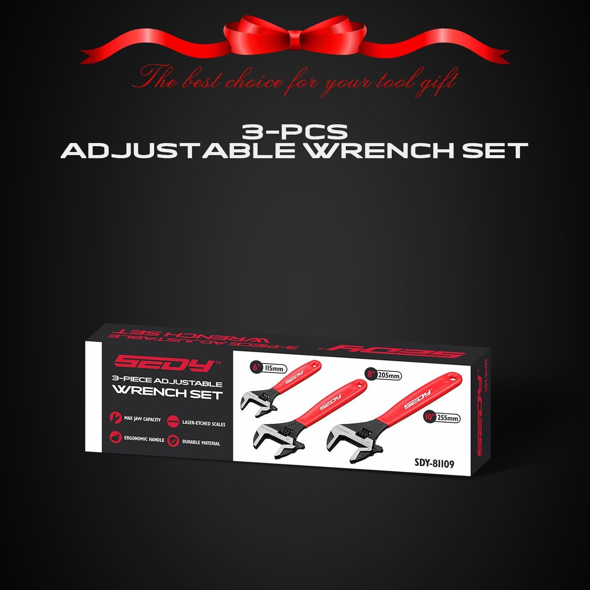 Adjustable wrench set with 6", 8", and 10" wide jaw pipe spanners, CR-V steel construction, black oxide finish, cushion grip, metric & SAE scales.