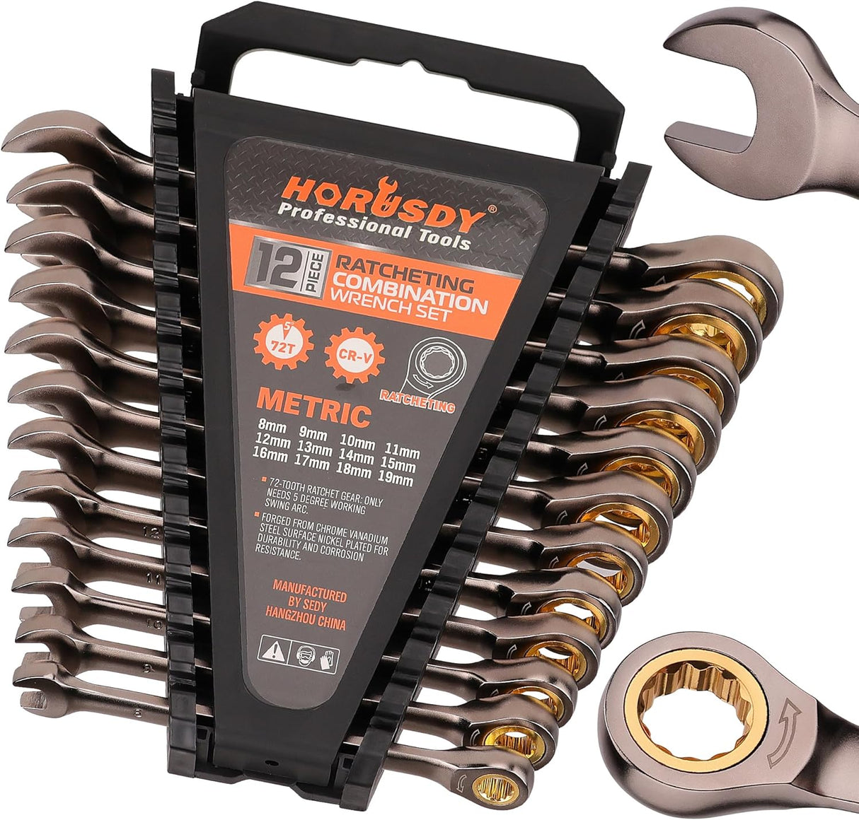 HORUSDY 12-piece metric ratcheting wrench set with 72-tooth gear, CR-V construction, and portable organizer tray for mechanics and DIY repairs