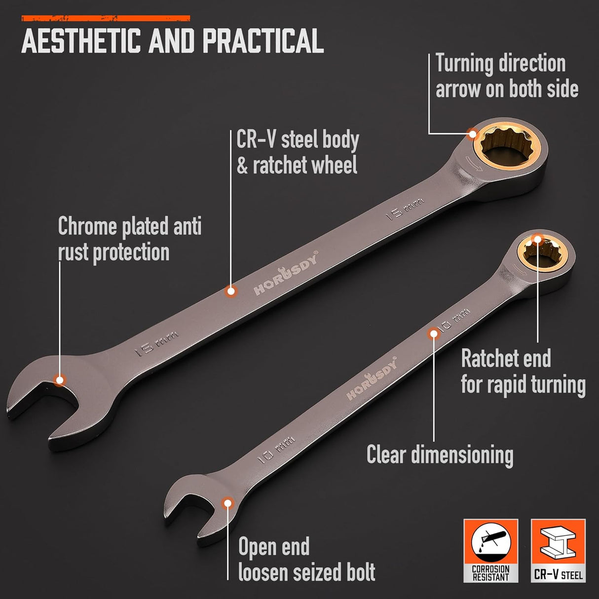 HORUSDY 12-piece metric ratcheting wrench set with 72-tooth gear, CR-V construction, and portable organizer tray for mechanics and DIY repairs