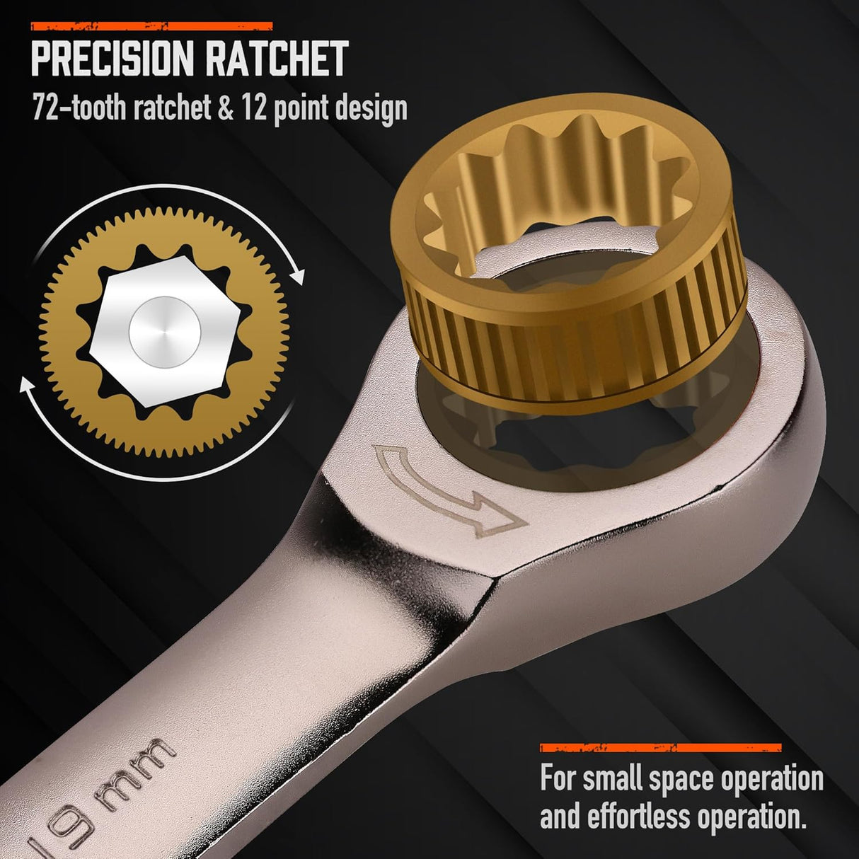 HORUSDY 12-piece metric ratcheting wrench set with 72-tooth gear, CR-V construction, and portable organizer tray for mechanics and DIY repairs