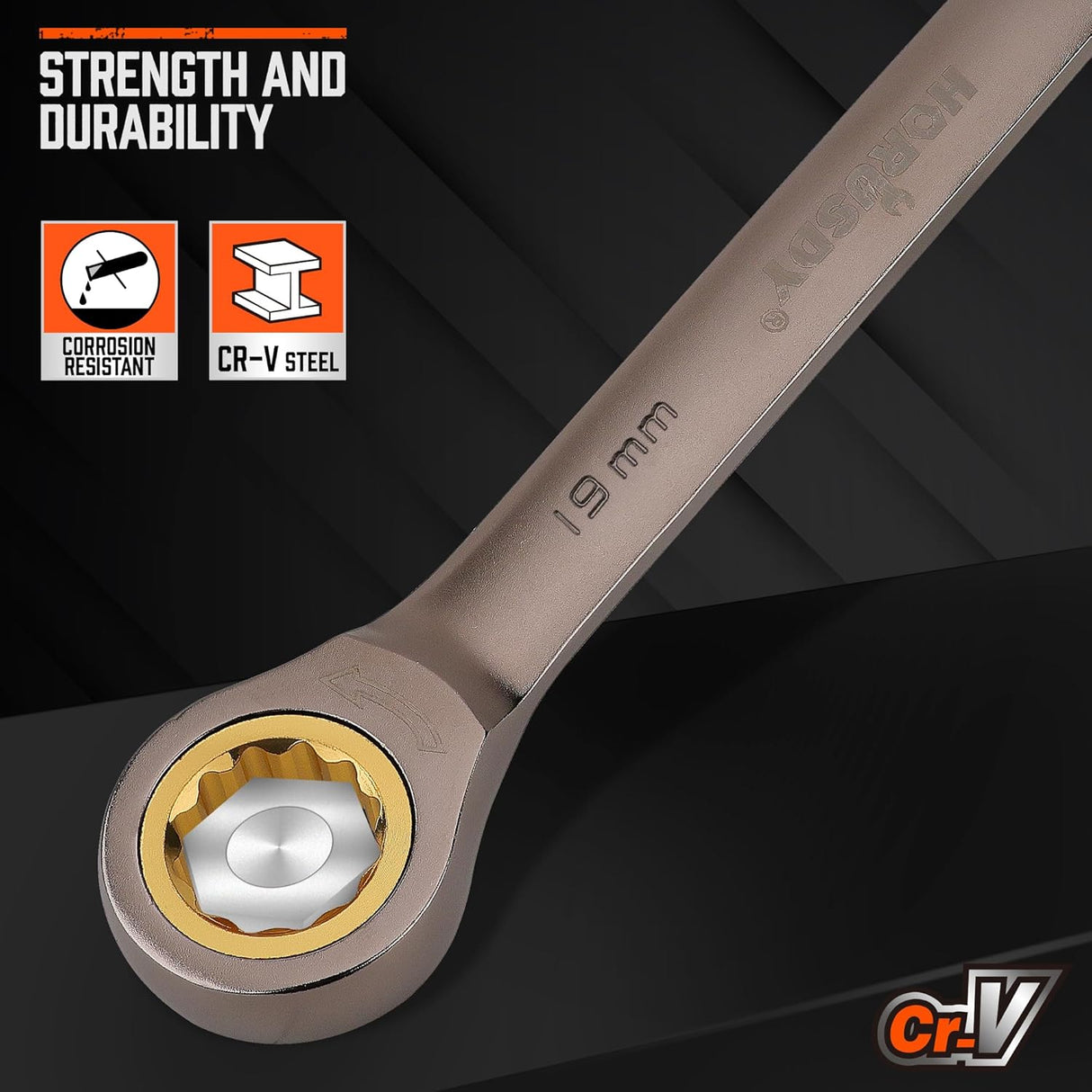 HORUSDY 12-piece metric ratcheting wrench set with 72-tooth gear, CR-V construction, and portable organizer tray for mechanics and DIY repairs