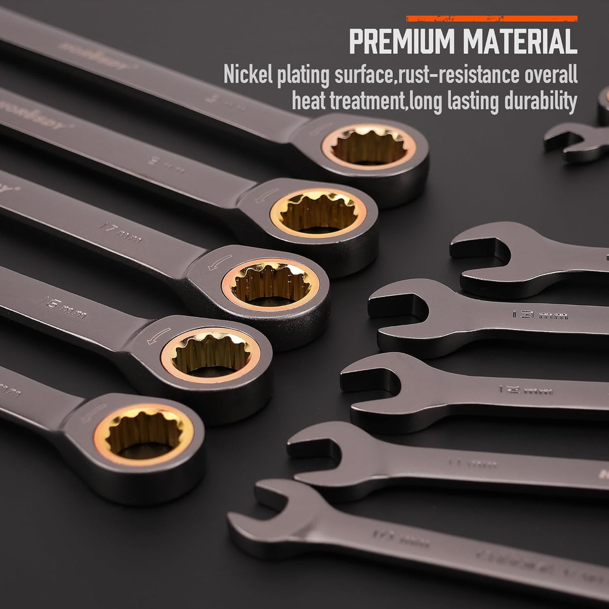 HORUSDY 12-piece metric ratcheting wrench set with 72-tooth gear, CR-V construction, and portable organizer tray for mechanics and DIY repairs