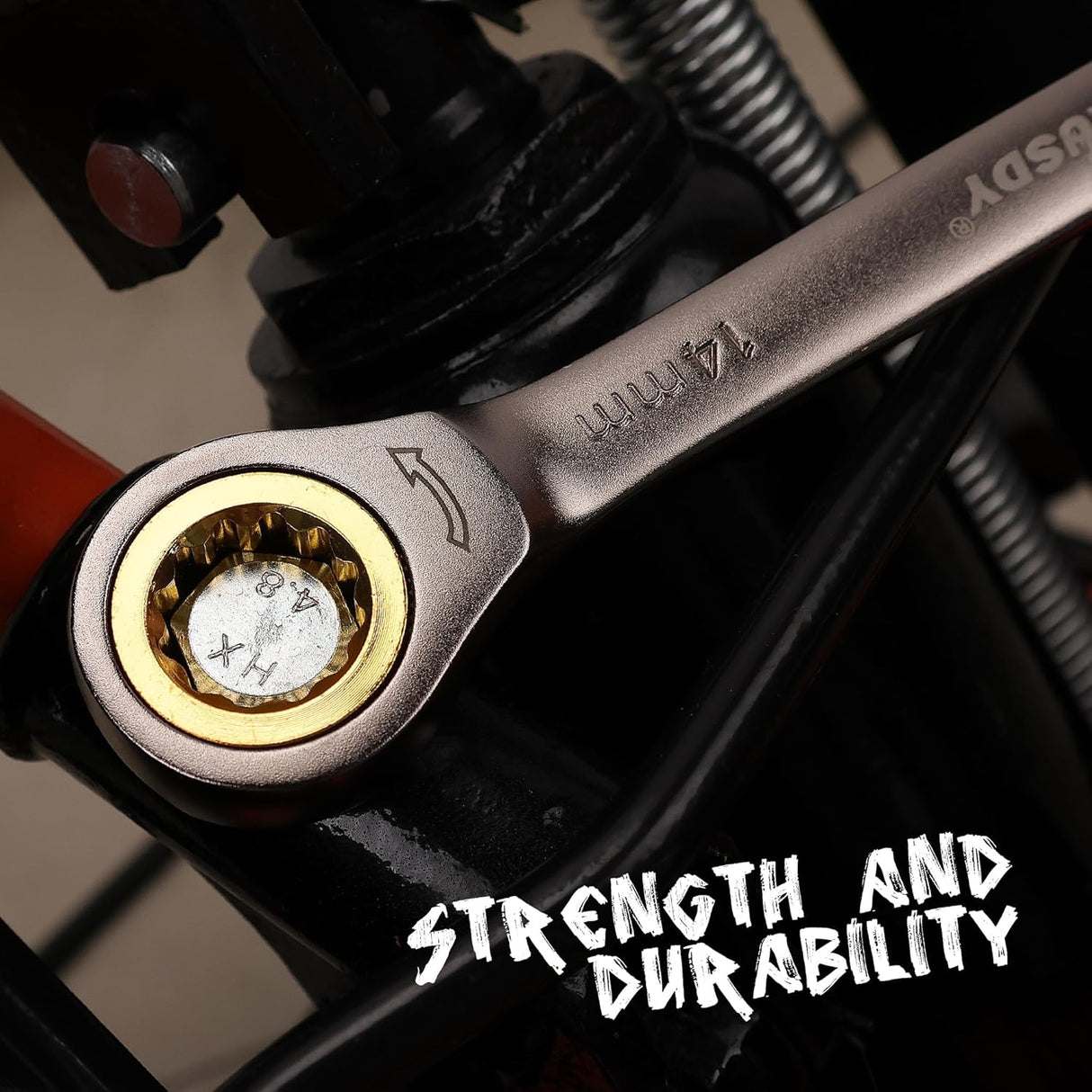 HORUSDY 12-piece metric ratcheting wrench set with 72-tooth gear, CR-V construction, and portable organizer tray for mechanics and DIY repairs