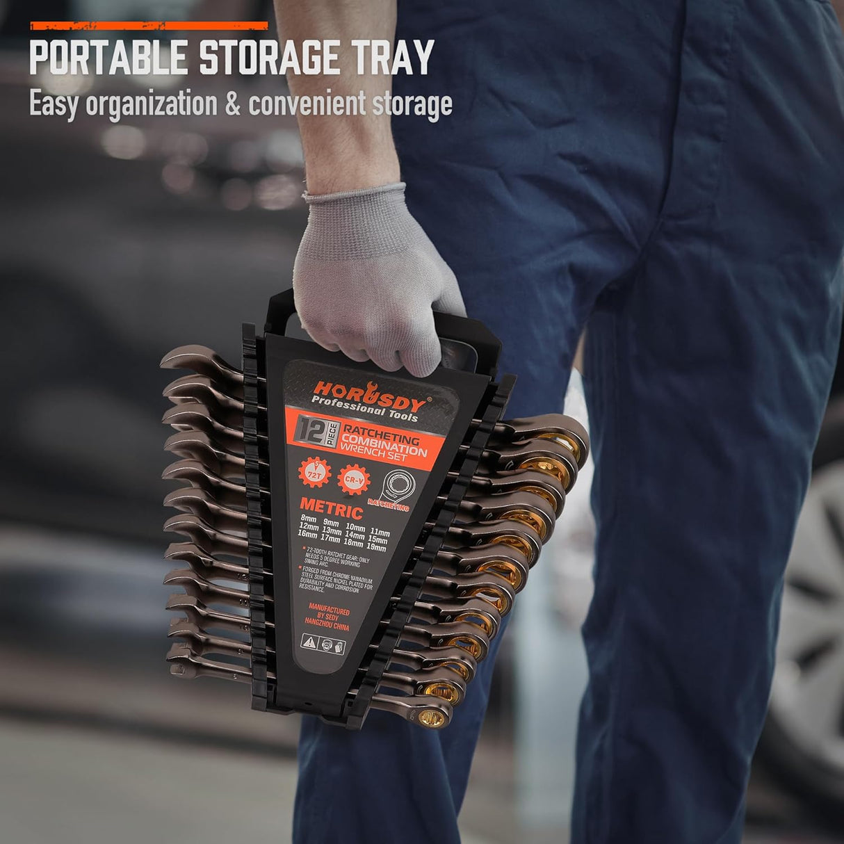 HORUSDY 12-piece metric ratcheting wrench set with 72-tooth gear, CR-V construction, and portable organizer tray for mechanics and DIY repairs