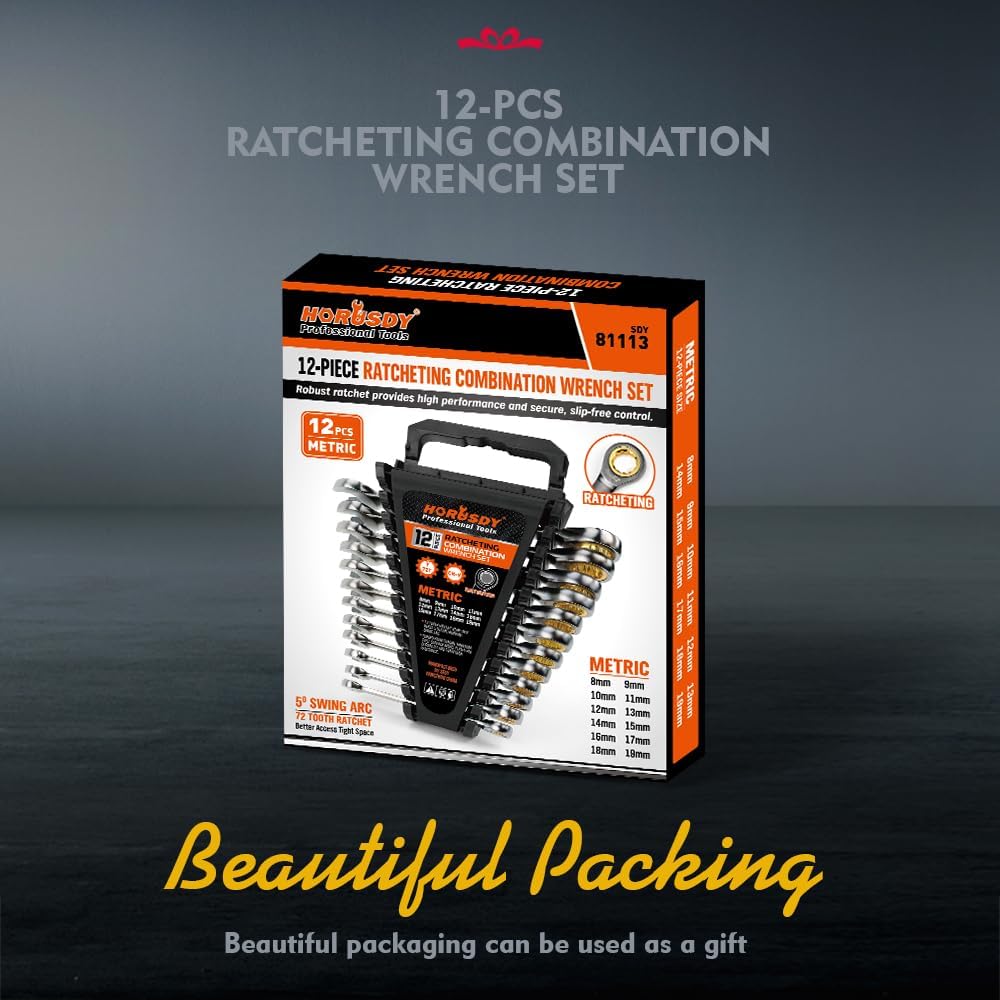 HORUSDY 12-piece metric ratcheting wrench set with 72-tooth gear, CR-V construction, and portable organizer tray for mechanics and DIY repairs